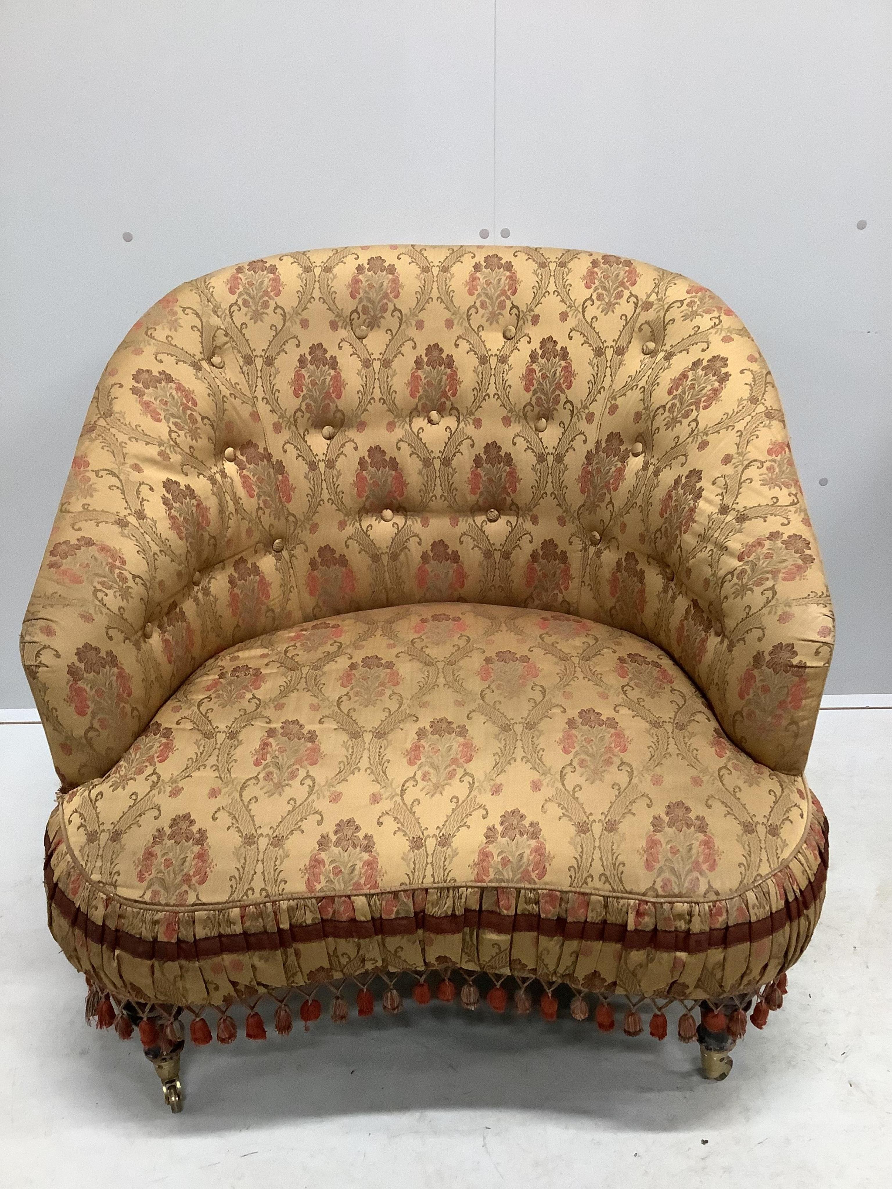 A pair of Provosi upholstered 'Tuffet' armchairs, width 94cm, depth 82cm, height 86cm. Condition - fair to good